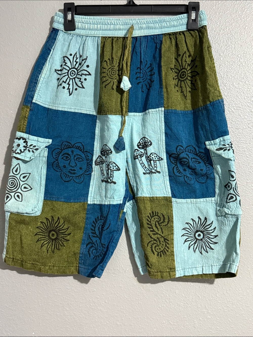 Patchwork Boho Printed Cargo Shorts — Blue & Olive